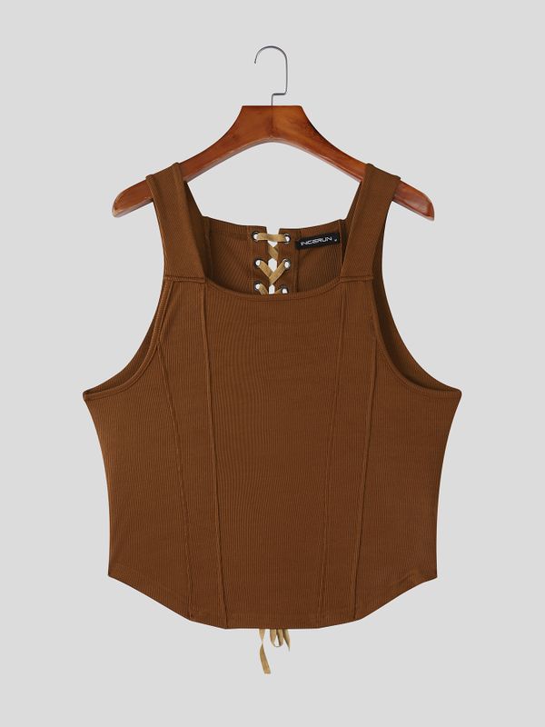 Men's Back Tie Design Knit Textured Cropped Tank SKUL57688