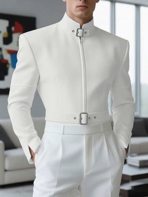 Men's Solid Color Metal Button Stand Collar Long Sleeve Blazer SKUL48609