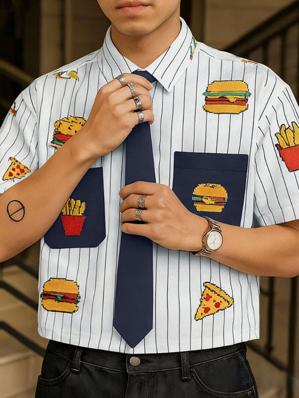 Men's Fun Print Color Block Striped Short Sleeve Shirt SKUL35037