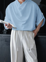 Men's Avant-Garde Cowl Neck Oversized Roll-Up Sleeve Pullover Shirt SKUL70266