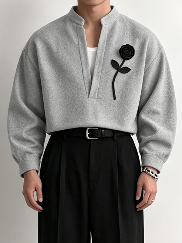 Men's Zen Minimalist Art Exhibition 3D Rose Flower Deep V-Neck Shirt SKUL85401