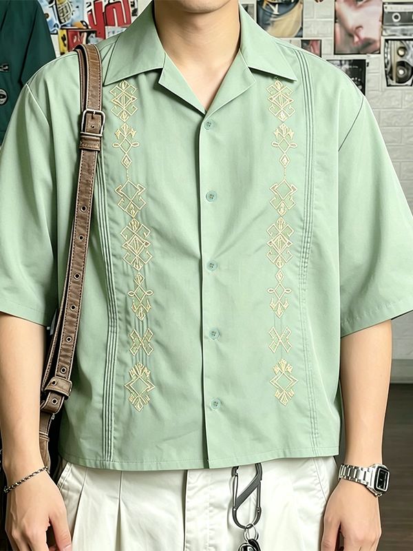 Men's Vintage Guayabera Cuban Collar Geometric Print Boxy Cropped Short Sleeve Shirt SKUL60213