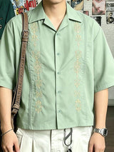 Men's Vintage Guayabera Cuban Collar Geometric Print Boxy Cropped Short Sleeve Shirt SKUL60213