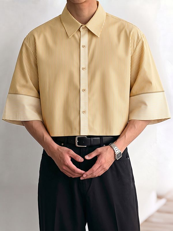 Men's American Vintage Striped Cropped Short Sleeve Shirt SKUL74515