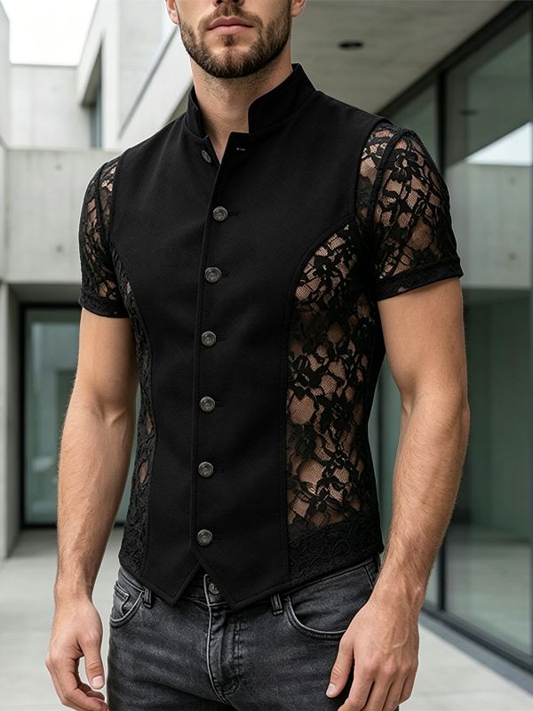 Men's Slim Fit Mandarin Collar Floral Lace Sleeves Shirt SKUL65339