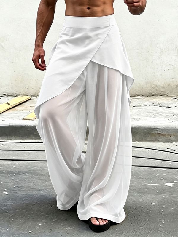 Men's Avant-Garde Draped Overlay Sheer Mesh Palazzo Pant SKUL65308
