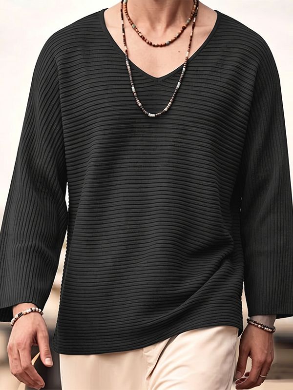 Men's Casual Horizontal Pleated Texture V-Neck Dropped Shoulder Loose Long Sleeve T-shirt SKUL72647