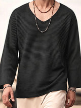 Men's Casual Horizontal Pleated Texture V-Neck Dropped Shoulder Loose Long Sleeve T-shirt SKUL72647