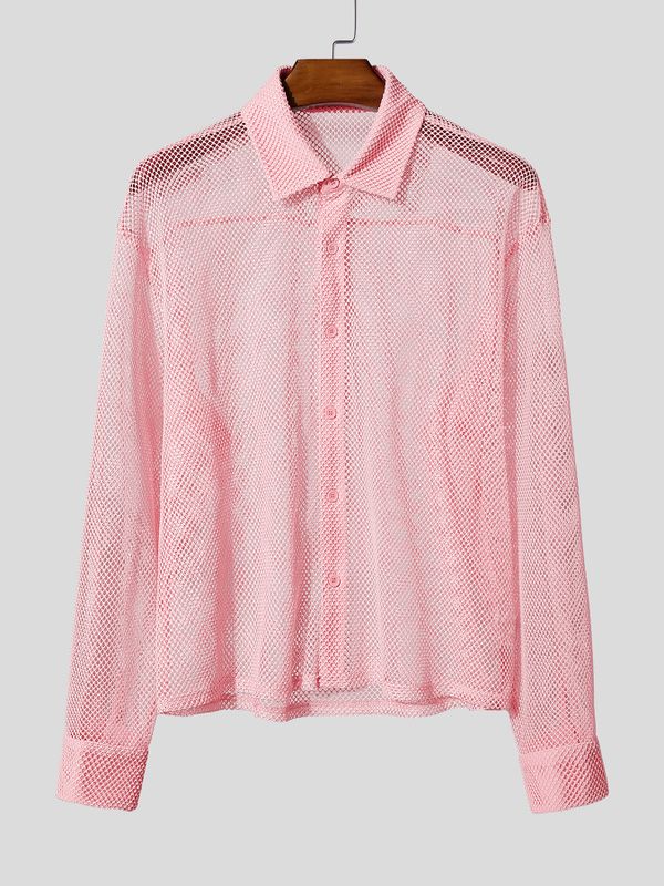 Men's High Street Resort Hollow Out Fishnet Sheer Turn Down Collar Long Sleeve Loose Shirt SKUL71405