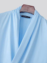 Men's Avant-Garde High Stretch Draped Ruched Cross Wrap Deep V-Neck Short Sleeve T-shirt SKUL61873