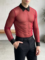 Men's Avant-Garde Sheer Mesh Contrast Collar Long Sleeve Shirt SKUL77323