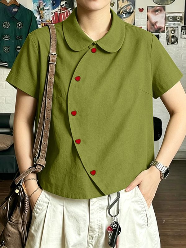 Men's Asymmetrical Slanted Placket Heart-Button Round Collar Shirt SKUL59567