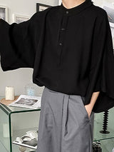 Mens Solid Stand Collar Loose Henley Shirt SKUK19640