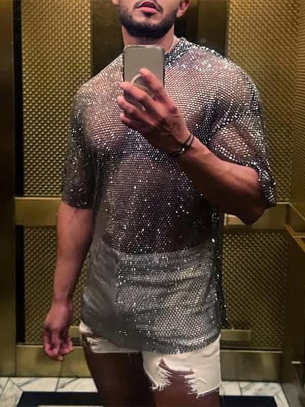 Mens Shimmer Mesh Sheer Half-Sleeve T-Shirt SKUK99783