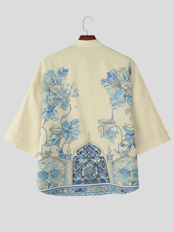 Men's Neo-Chinese Mandrin Collar All-Over Architectural Chrysanthemum Print Short Sleeve Shirt SKUL68399