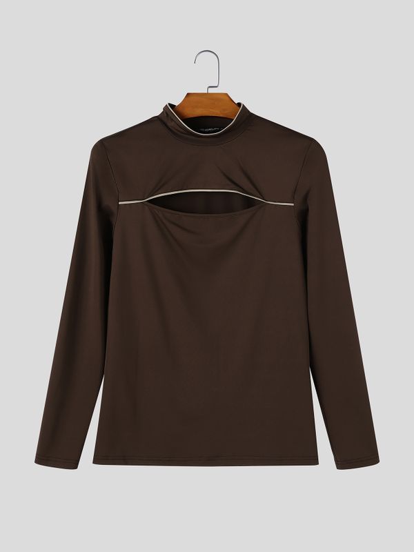 Men's Avant-Garde Darkwear Nightclub Party Chest Cut-Out Contrast Trim Mock Neck T-shirt SKUL86042