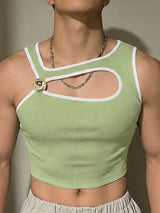 Men's Avant-Garde Genderless Contrast Binding Metal Button Chest Cutout Cropped Fitted Tank SKUL72439