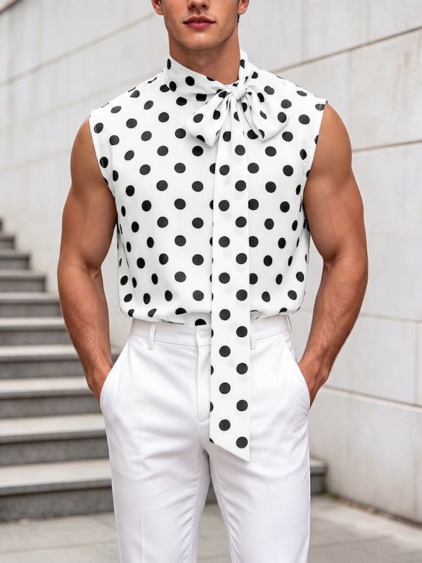 Men's Avant-Garde Polka Dot Print Halter Bow-Tie Neck Tank SKUL67069