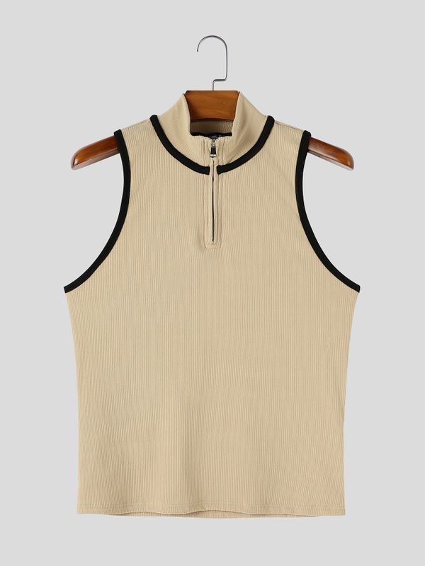 Men's Clean Fit Urban Casual Quarter Zip Vertical Rib Texture Sleeveless Mock Neck Tank SKUL81842