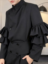 Men's Solid Drape Ruffled Patchwork Long Sleeve Shirt SKUL38916