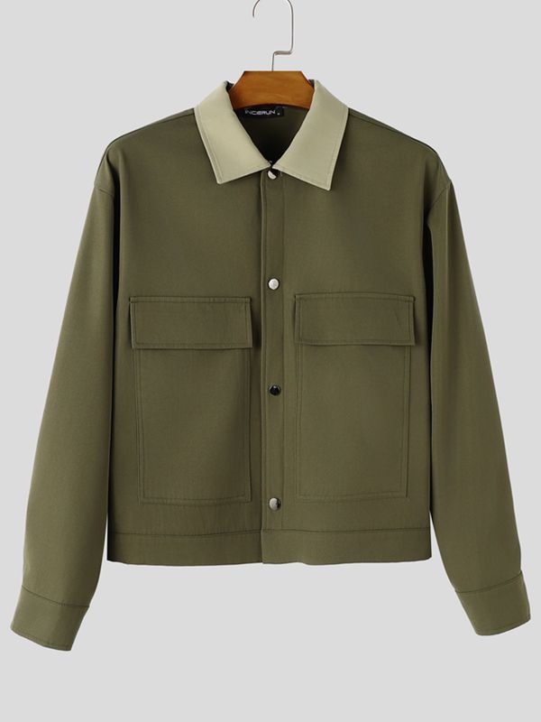 Men's Clean-Fit Casual Daily Commute Contrast Collar Dual Flap Pocket Cropped Jacket SKUL77322