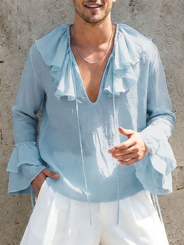 Men's Solid Color Semi Sheer Ruffle Collar Long Sleeve Shirt SKUL52527