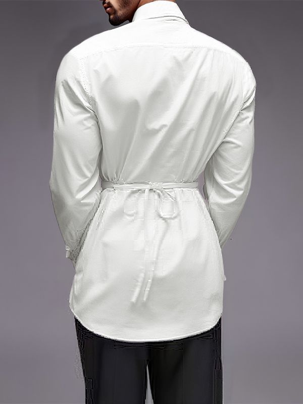 Men's Solid Waist Tie Long Sleeve Shirt SKUL31936