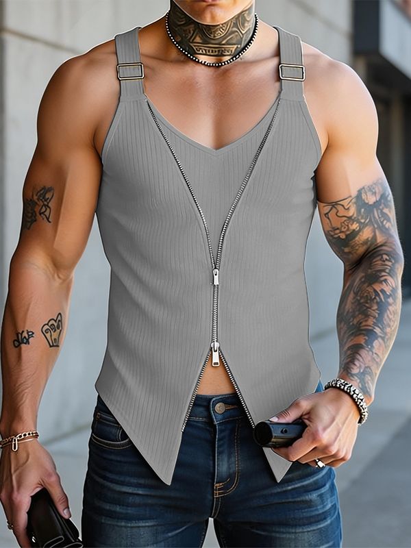Men's Avant-Garde Ribbed Double-Zipper Buckle Strap Asymmetrical Hem Tank SKUL61891