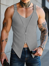 Men's Avant-Garde Ribbed Double-Zipper Buckle Strap Asymmetrical Hem Tank SKUL61891