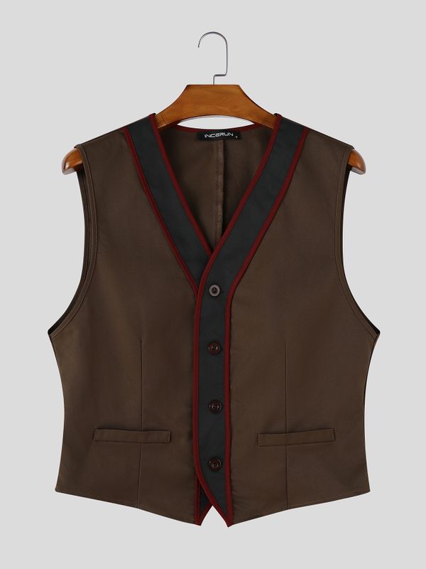 Men's Vintage Gentleman Formal Wedding Contrast Trim V-Neck Waistcoat SKUL83505
