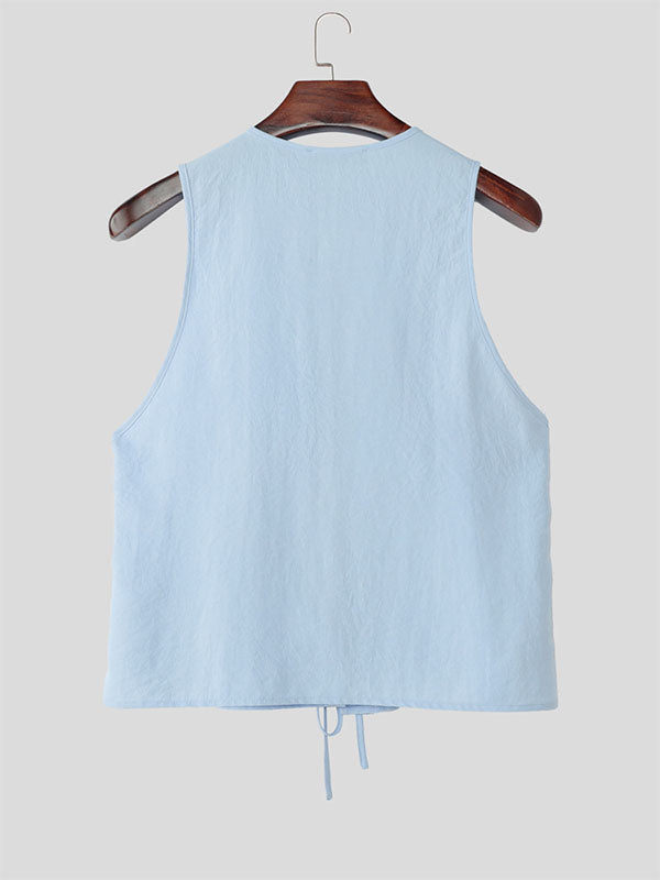 Mens Solid Color Lace-Up Design Casual Tank SKUL13172