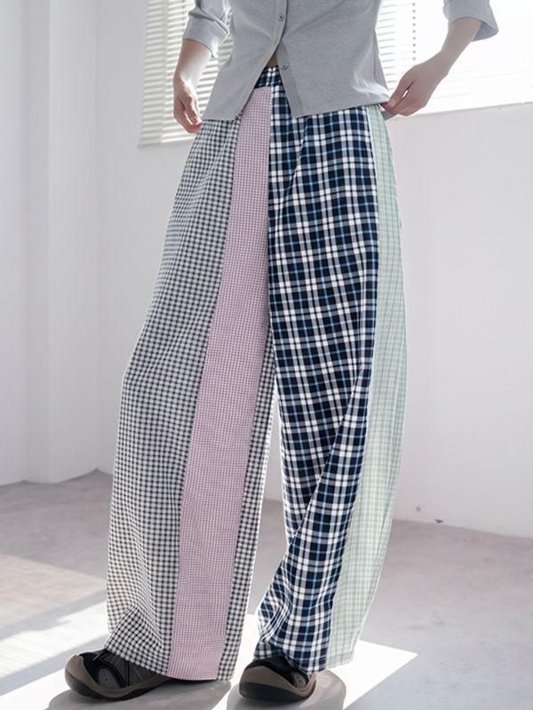 Men's Japanese Streetwear Asymmetrical Plaid Patchwork Wide-Leg Pant SKUL69636