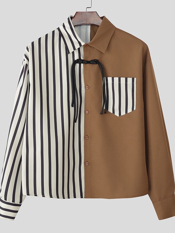 Men's Stripe Contrast Color Frog Button Long Sleeve Shirt SKUL41046