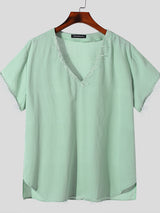 Mens V-Neck Solid Color Short Sleeve T-Shirt SKUK65531