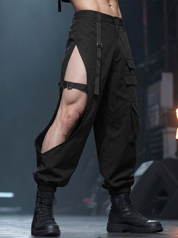 Men's Avant-Garde High Side Slit Cut Out Tactical Cargo Jogger Pant SKUL70351