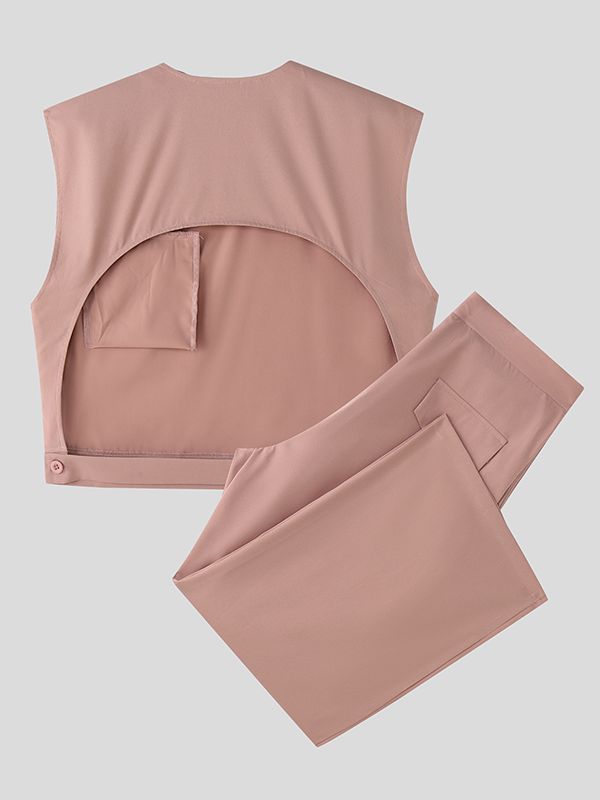 Men's Solid V Neck Vest Two Pieces Outfit SKUL31919