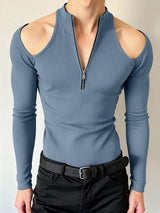 Men's Cut-Out Shoulder Textured Half-Zip Long Sleeve T-shirt SKUL47904