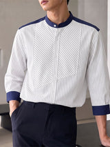 Men's Casual Striped Contrast Color Patchwork Stand Collar Three Quarter Sleeve Shirt SKUL76751