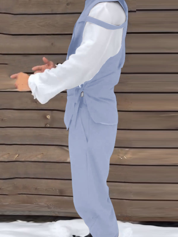 Men's Solid Color Tie Casual Two Pieces Outfit SKUL25825