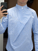Men's Stripe Asymmetric Layered Stand Collar Long Sleeve Shirt SKUL50909