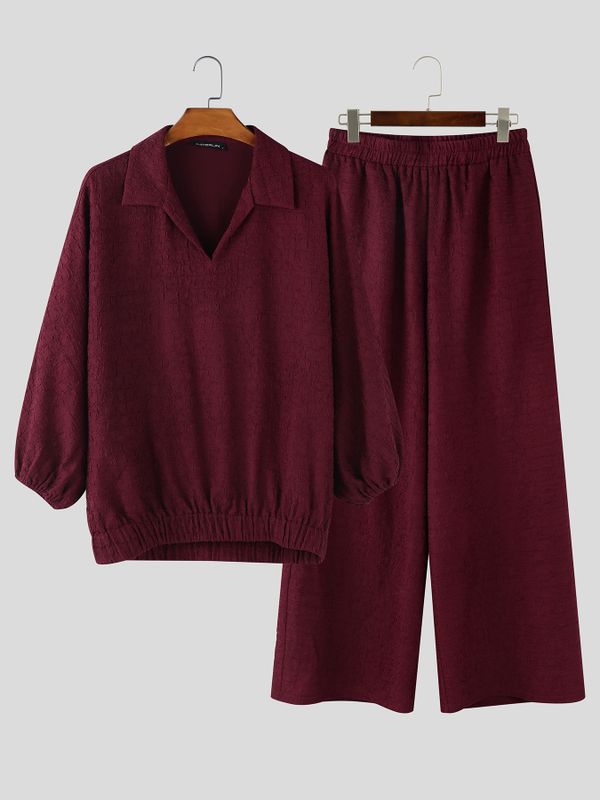 Men's Solid Color Textured V Neck Two Pieces Outfit SKUL54003