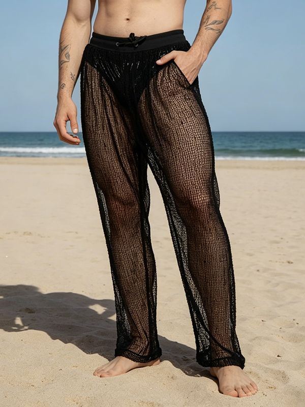 Men's Resort Slouchy All-Over Mesh Open-Hole Translucent Beach Lounge Pant SKUL68412