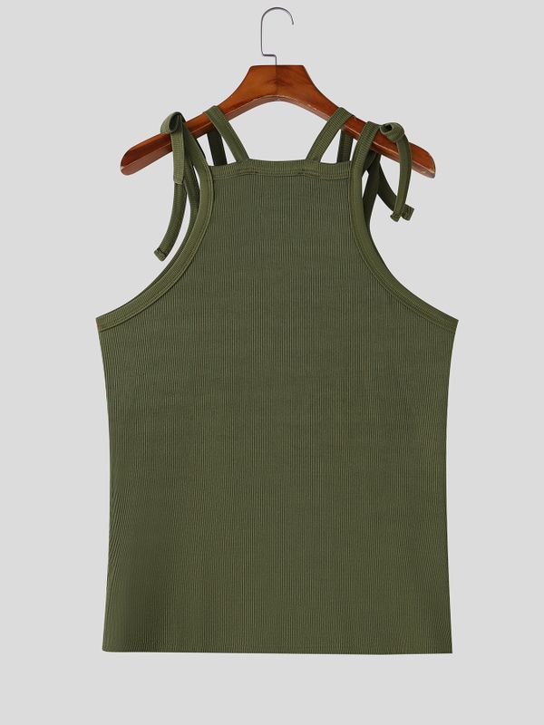 Men's Avant-Garde Multi-Strap Tie Shoulder Button Decor Fit Ribbed Tank SKUL74520