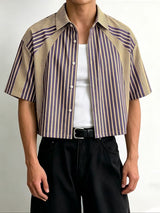Men's American Vintage Vertical Stripe Drop-Shoulder Cropped Short Sleeve Shirt SKUL71273