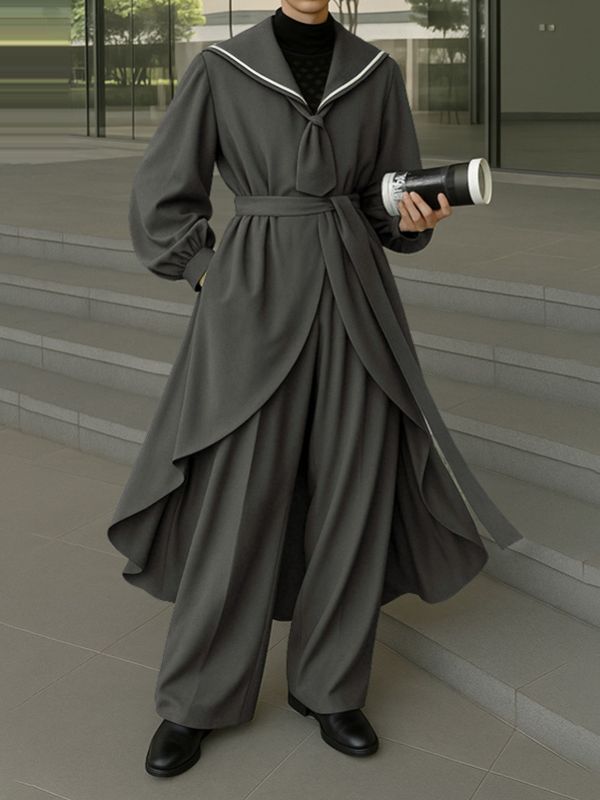 Men's Solid Color Long Hem Sailor Collar Two Pieces Outfit SKUL32863