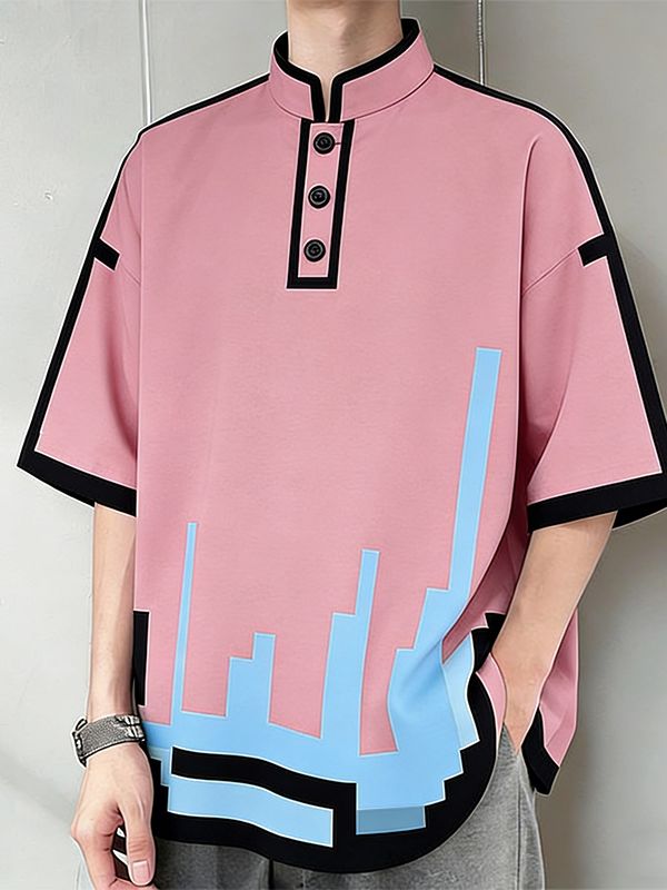 Men's Cyberpunk Pixel Art Style Pixel Graphic Print Mock Neck Button Short Sleeve T-shirt SKUL60730