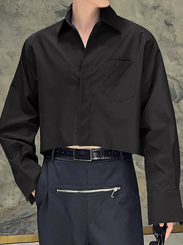 Mens Solid Color Cropped Long-Sleeve Shirt SKUL03004