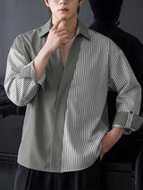 Men's High Street Urban Casual Asymmetrical Stripe Fold Cuff Long Sleeve Lapel Collar Shirt SKUL77516