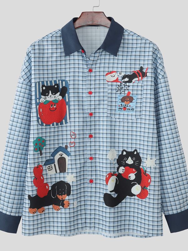 Men's Cat Fun Print Plaid Long Sleeve Shirt SKUL46134