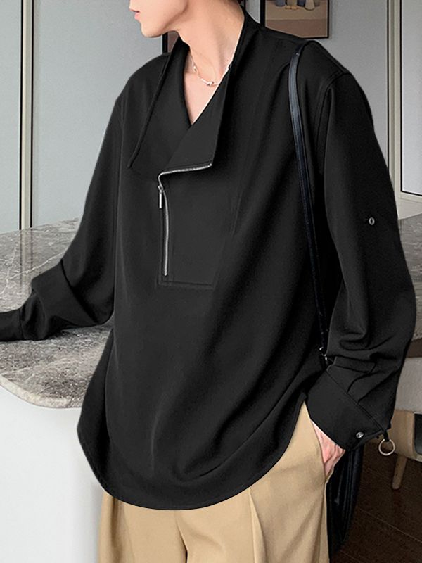 Men's Solid Color Slanted Zip Long Sleeve Shirt SKUL41387